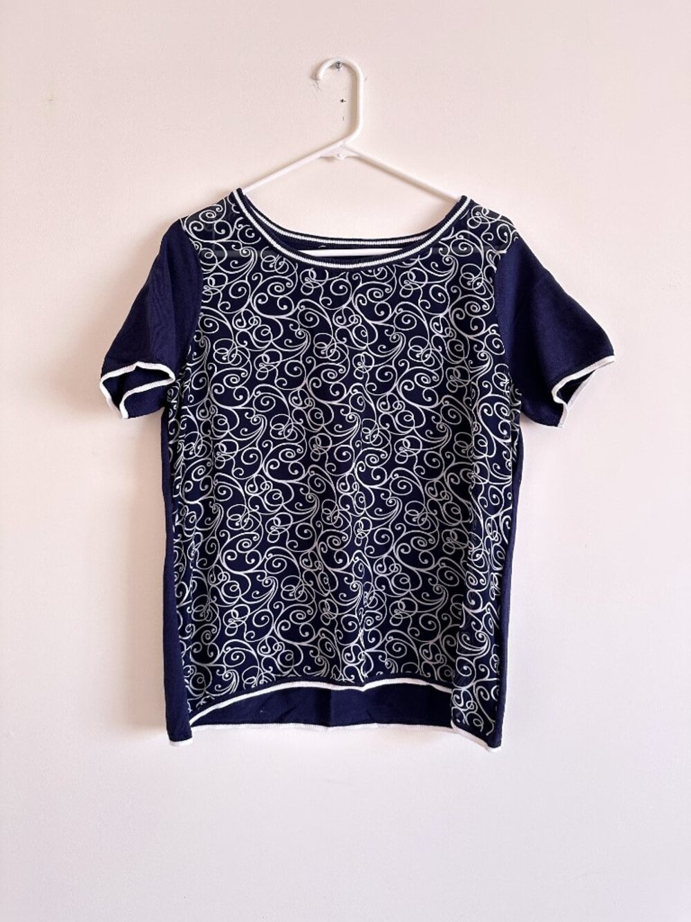 Navy Blue Mix Media Floral Print Top Blouse